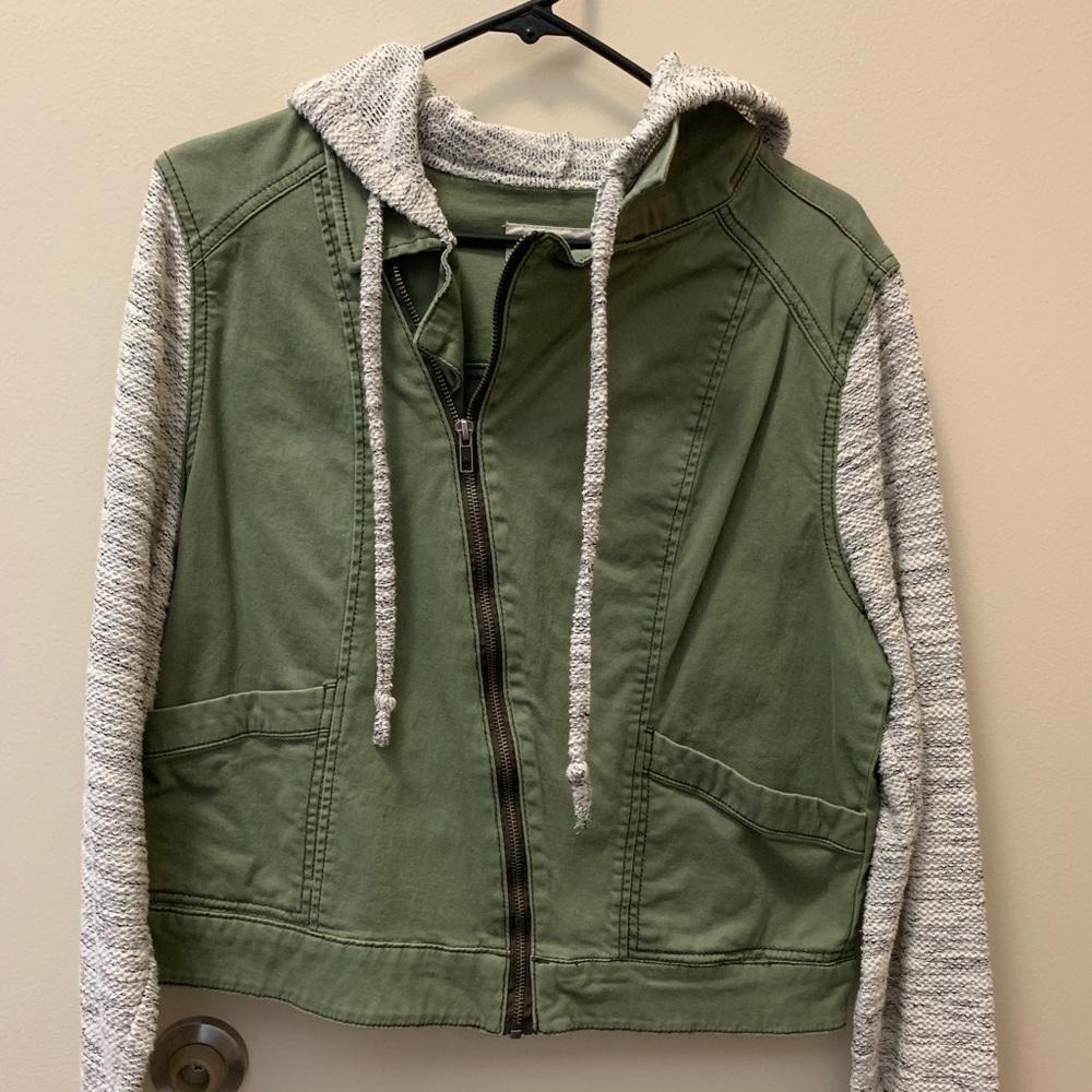 Army green and gray hooded jacket